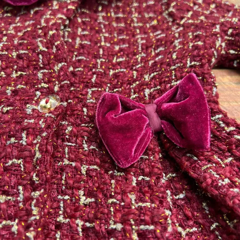 Toddler Princess Dress Coat 24M Burgundy Tweed Velvet Bow Holiday Winter Coat